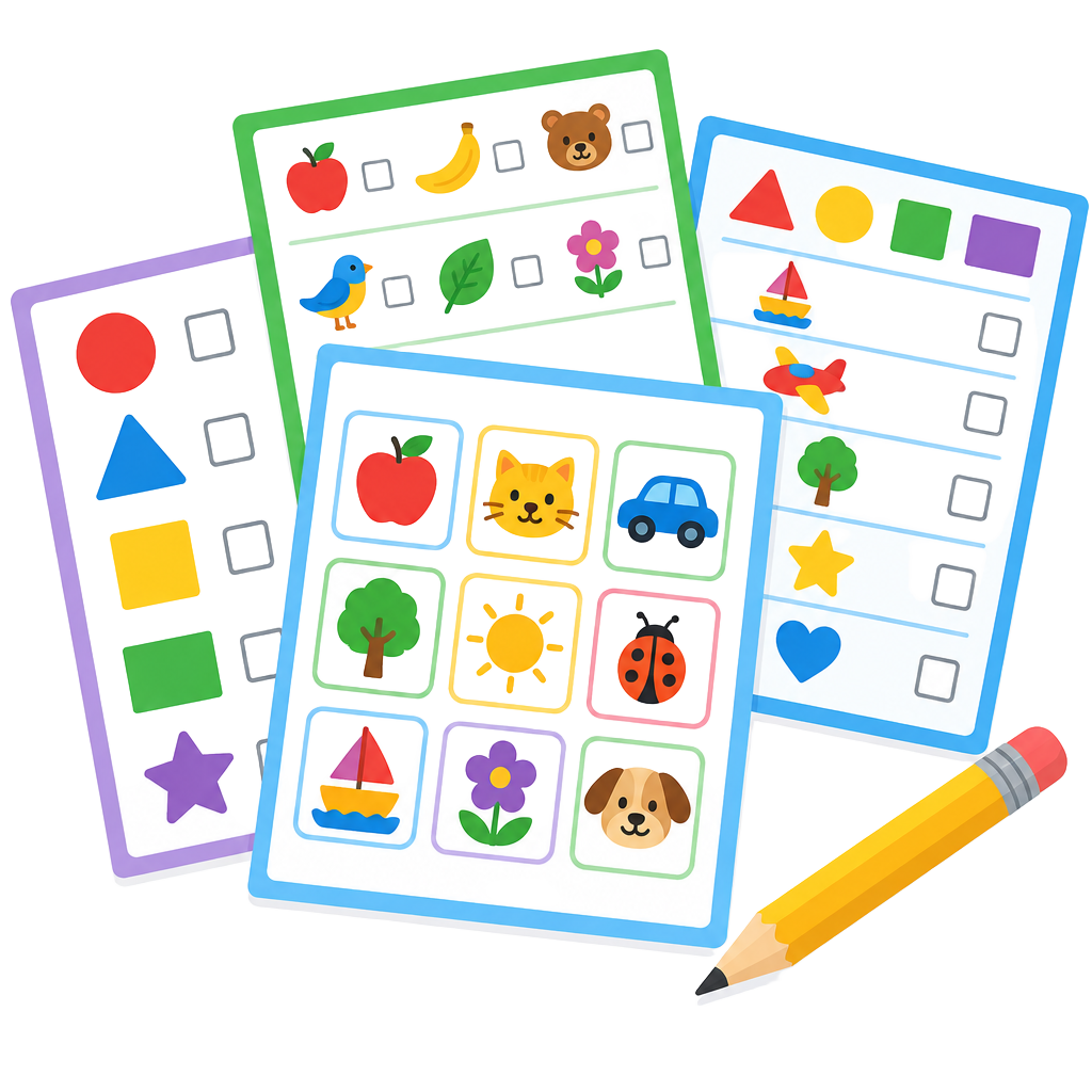 Colourful printable worksheets with picture symbols and tick boxes